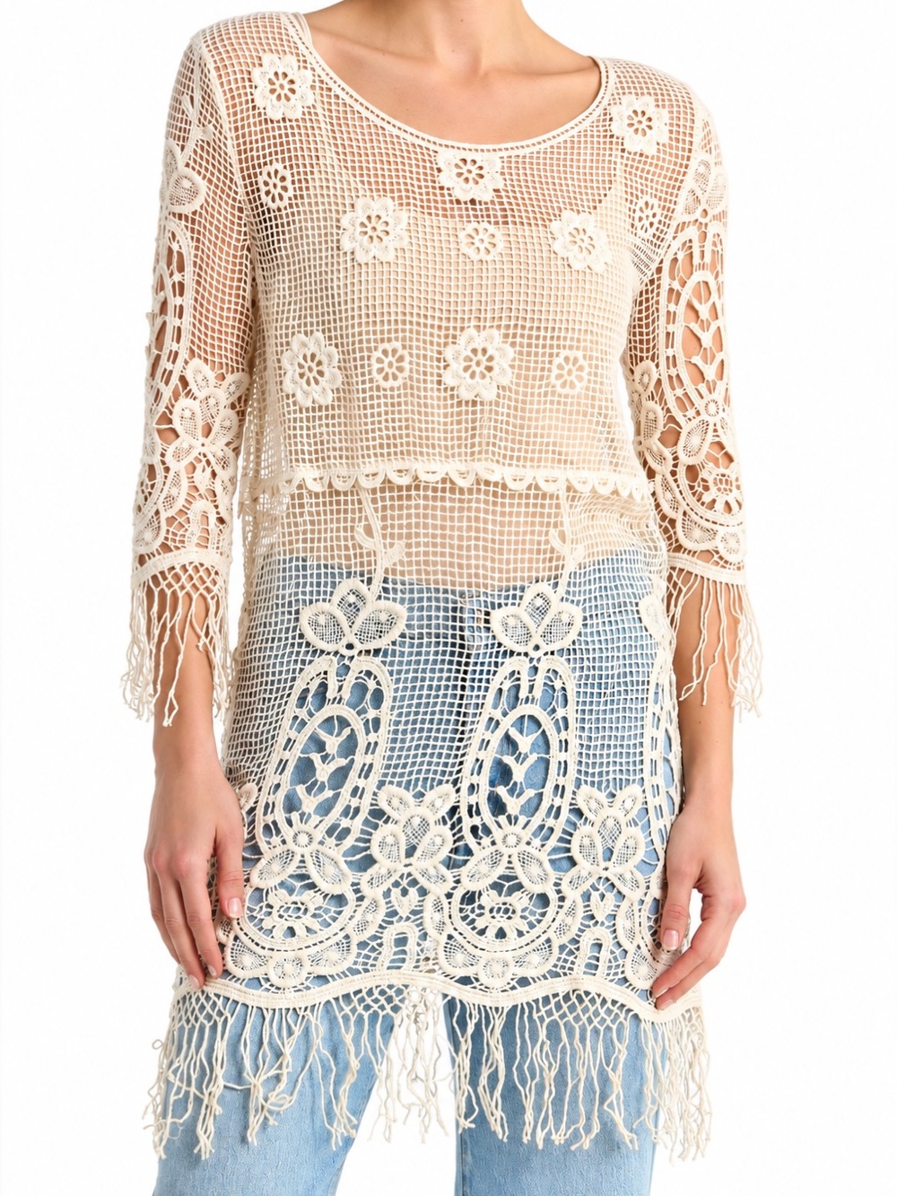 Zara Women's Cream Crochet Fringe Top Bohemian Cover Up Top